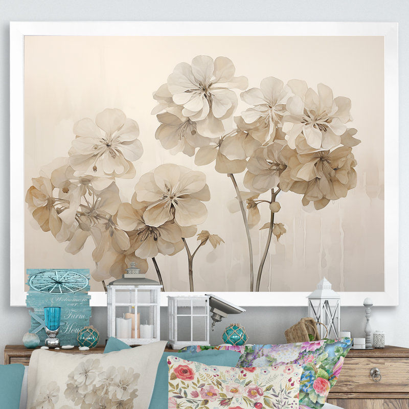 «Minimalisme géraniums beige I» sur toile, Cadre simple blanc, H 12 po x l 20 po x P 1 po
