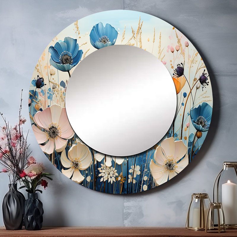 «Meadow Whimsical Meadowscape Pointillism», décor de miroir mural unique prairie, grand miroir rond traditionnel, impression d'art en métal