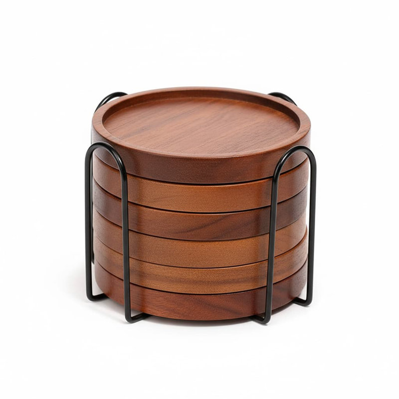 3.9" 6-Pack Orange Silicone Coasters with Holder - Non-Slip Drink Mat, Brown