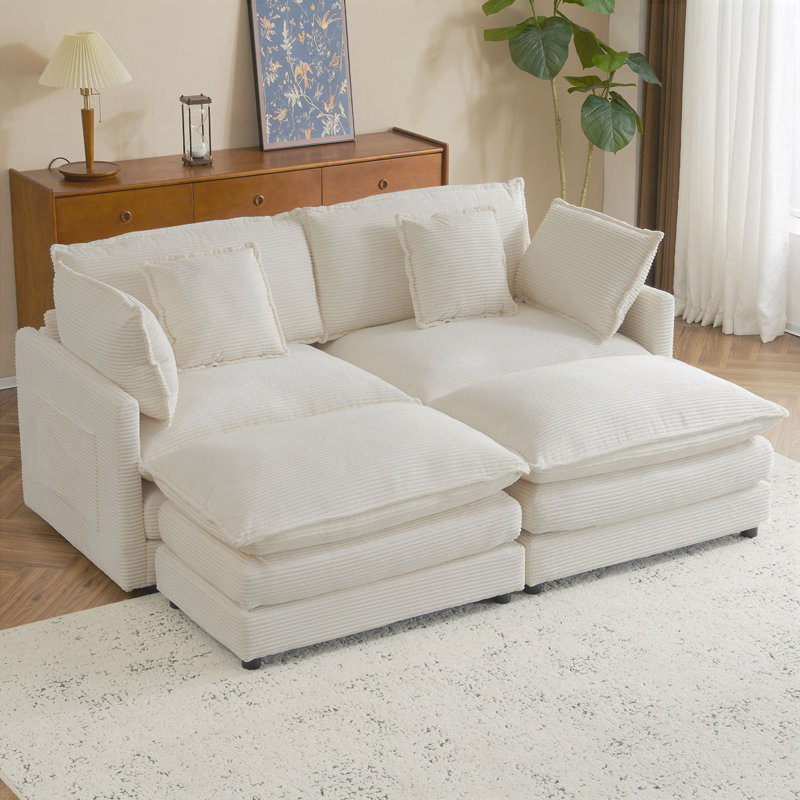 Canapé modulaire moderne avec poches de rangement latérales Russell, Velours côtelé beige, H 35,4 po x l 75,6 po x P 57,1 po
