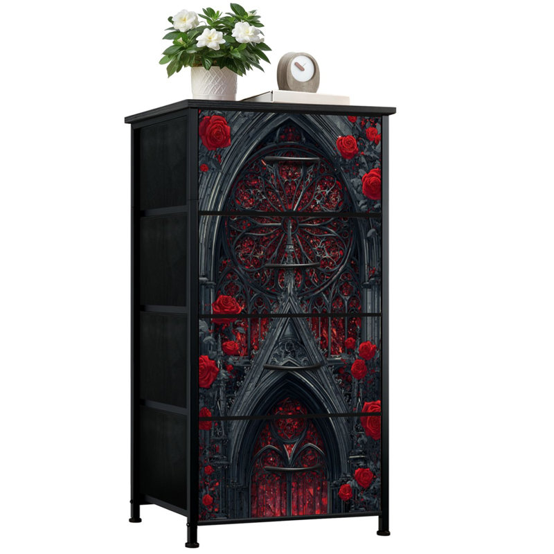 Commode 4 tiroirs à rangement vertical victorienne gothique cathédrale avec ornements en filigrane et tiroirs en bois