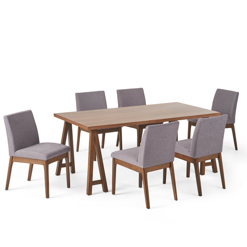 6 - Person Four Leg Dining Set, Walnut, Light Beige