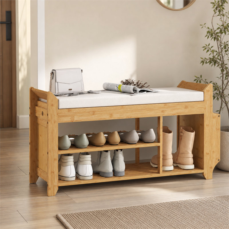 Bamboo Cushioned Shoe Storage Bench with Boot and Umbrella Storage