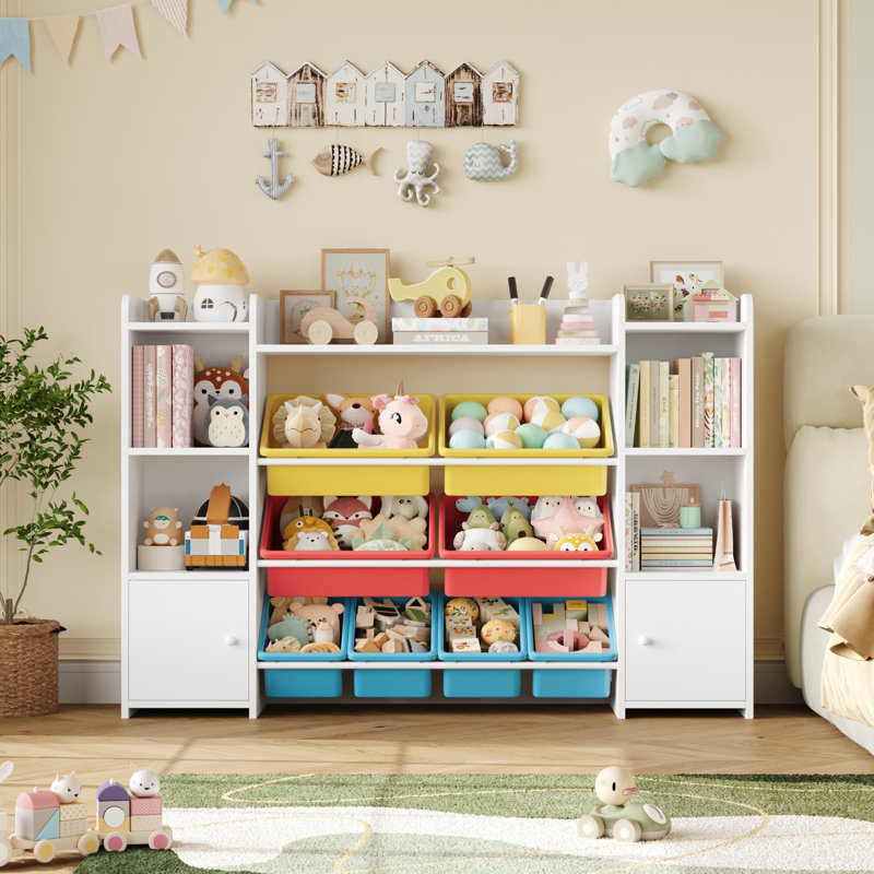 Lafon Manufactured Wood Toy Organizer with Bins, White/Yellow/Blue/Red