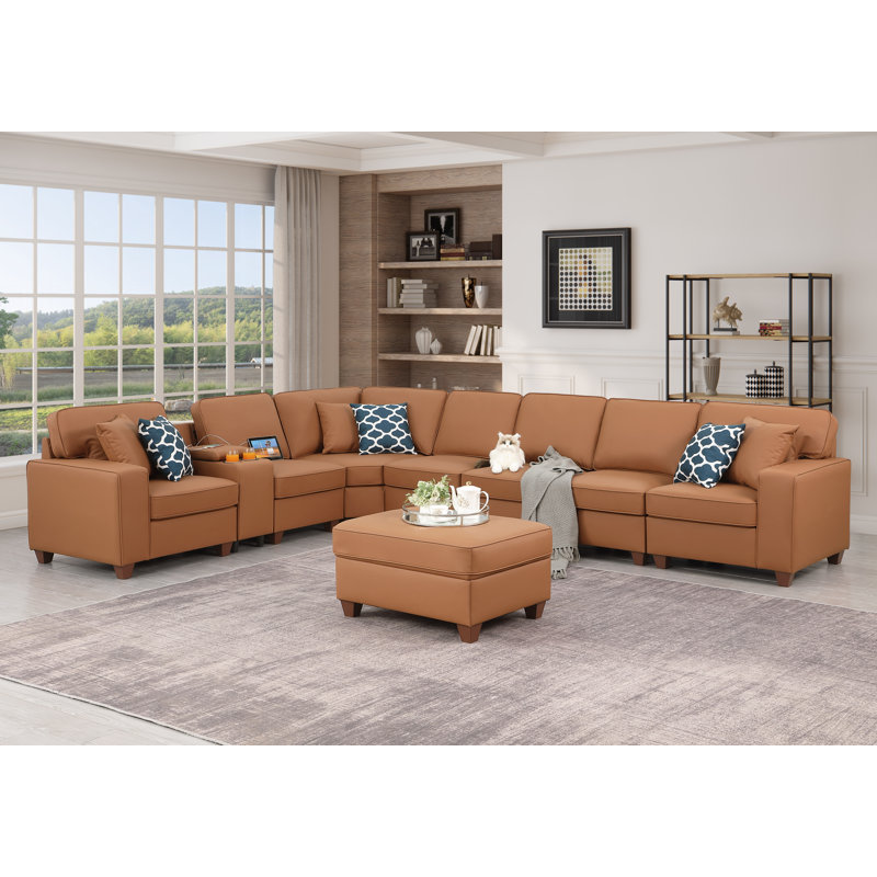Canapé modulaire à accoudoirs carrés 151,25 po, Similicuir brun Becky