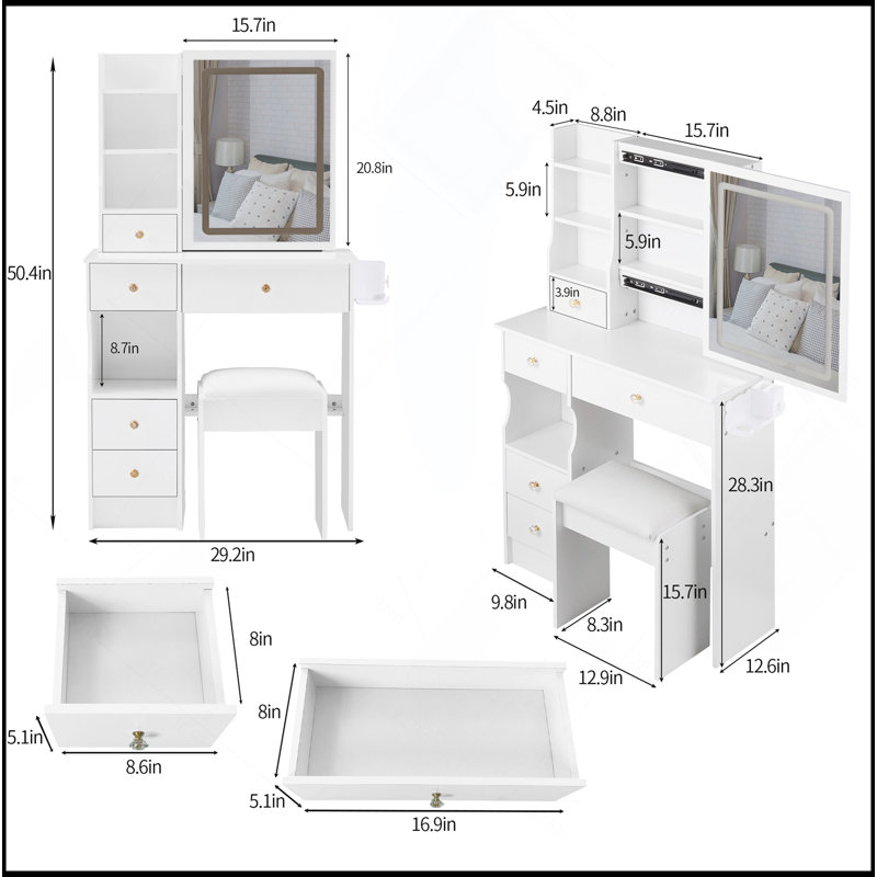 29.2" Small Size Left Drawer Desktop Vanity Table + Cushioned Stool, 2 AC+2 USB Power Station, Hair Dryer Bracket, Extra Large Touch Control Sliding LED Mirror, Tri-Color Switching, Brightness Adjust