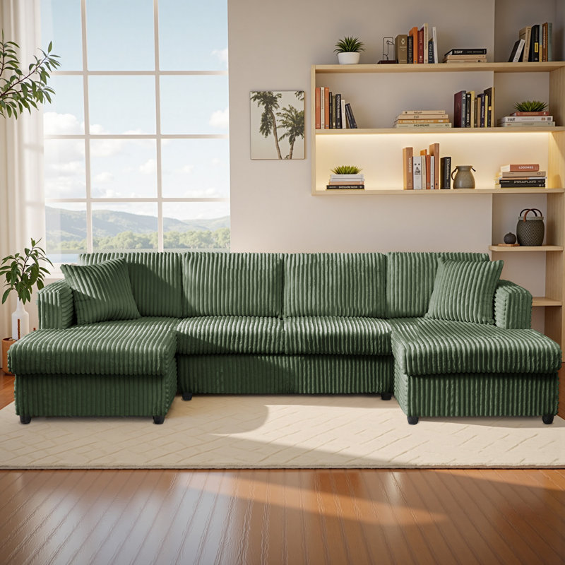3-Piece Upholstered Corduroy Sofa, 123"W U-Shaped 4 Seater Sectional Sofa with Chaise Longue, Green Corduroy
