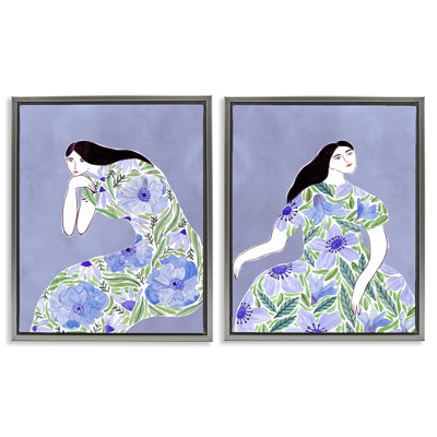  Floral Women on Purple 2 PC Framed Floater Canvas Set by Melissa Wang