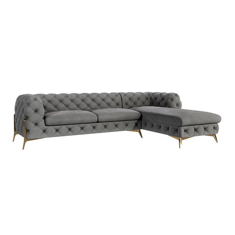 Corner Chaise Chesterfield Sofa  with Gold Metal Legs, Grey, Right Hand Facing