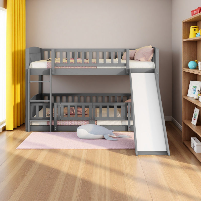 Lit superposé avec glissade, lit superposé double au-dessus de double avec clôture et échelle pour les tout-petits, Gris