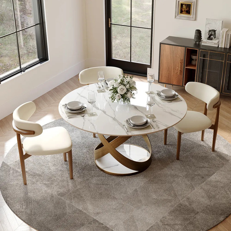 Modern 5/7 Pieces Dining Room Sets, Pre-Assembly Round Dining Table Sets, Sintered Stone Tabletop Kitchen Dining Table Set With Upholstered Chairs