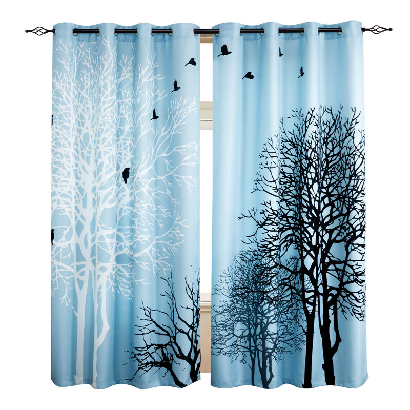 Tree Silhouette Birds Polyester Room Darkening Curtain Pair (Set of 2), 52" W x 84" L