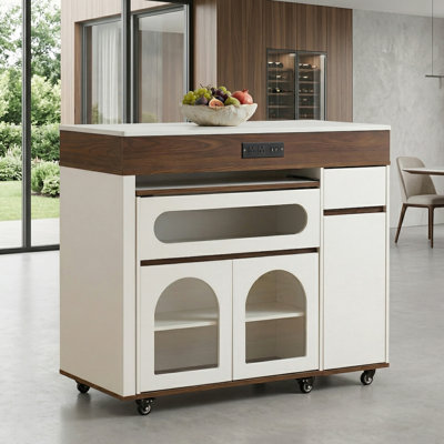 This Walnut-Wood, Cream-White Kitchen And Dining Set Features A Retractable Dining Table And A Movable Island With Folding Mechanism, Power Outlets, Brake Lock, And Drawers, Making It Suitable For Various Kitchen And Dining Room Settings.