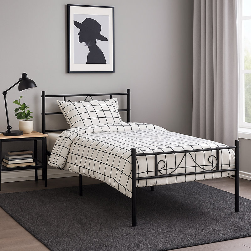 Classic Metal Bed Frame with Decorative Headboard & Footboard, Single (3'), Black