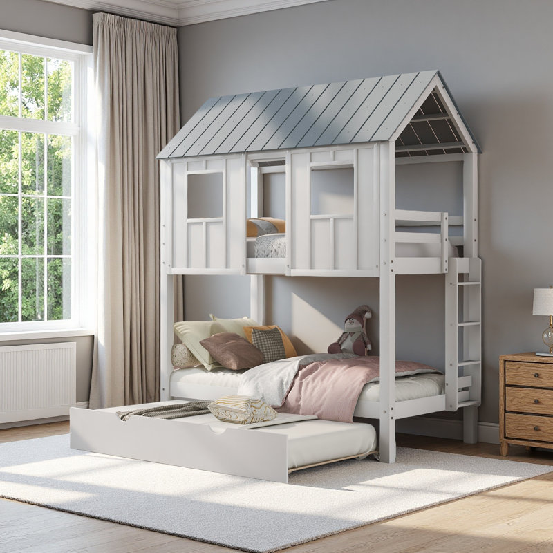 Twin Size House Bunk Bed With Trundle,Roof And Windows
