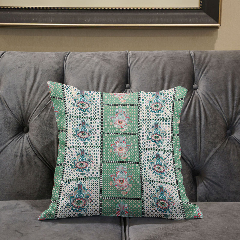 White and Green Faux Suede Hamsa Hand Paisley Throw Pillow
