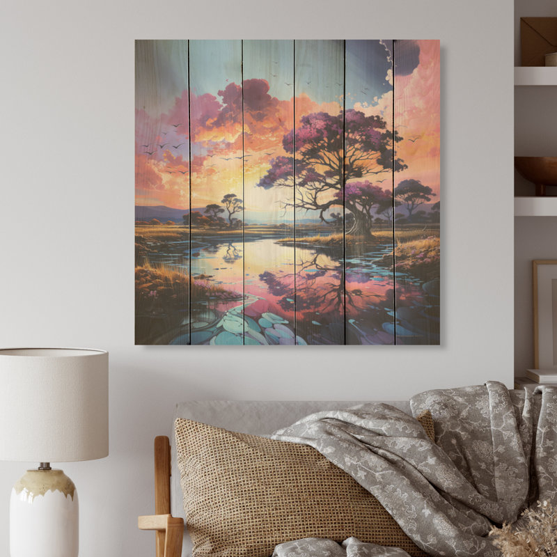 «Charmant Dessert Sky At Sunset I» - Art sur bois de pin naturel, H 15 po x l 15 po