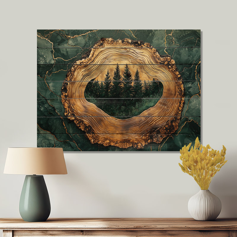 Forêt de pins sur un horizon émeraude - impression sur bois de forêt - sur bois de pin naturel, H 34 po x l 44 po x P 0,78 po