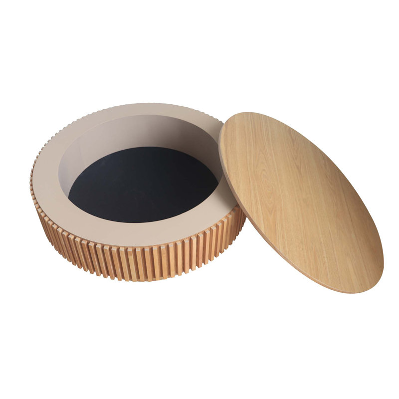 31.5" Modern Round Coffee Table With Storage Solid Wood Veneered Coffee Table Accent Tea Table, Natural
