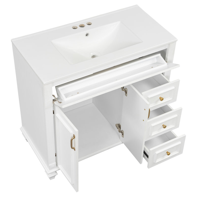 Armoire de meuble-lavabo avec tiroir rabattable, Blanc, Doré