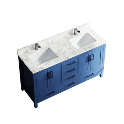 Meuble-lavabo 59 po en bleu avec lavabo double et trou de robinet, armoire de rangement 4 portes 6, rangement caché multifonctionnel, fabrication en contreplaqué en bois massif, lavabo rectangulaire en céramique, minimaliste moderne