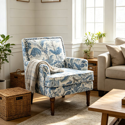 Ensemble de 2 chaises d'appoint rembourrées avec pieds en bois massif et garniture cloutée - Fauteuil de chambre à motif floral, coussin en mousse haute densité, chaise d'appoint de style campagnard pour le salon, la chambre à coucher ou le coin lecture