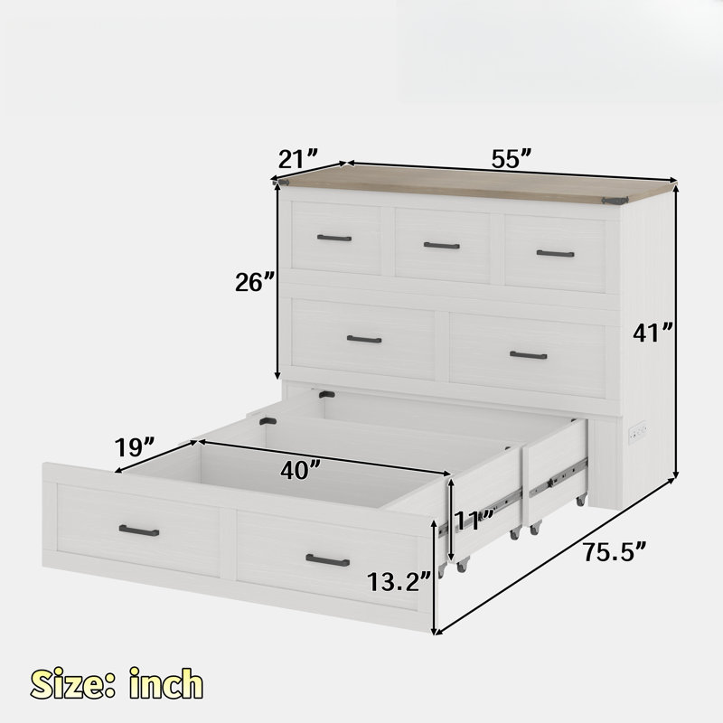 Multi-functional Foldable Murphy Bed  With Charging Station And 1 Large Storage Drawer, White, Full