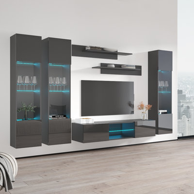 120" Modern Floating Wall Mounted Entertainment Center with 16-Color LED Lighting, High Gloss Finish