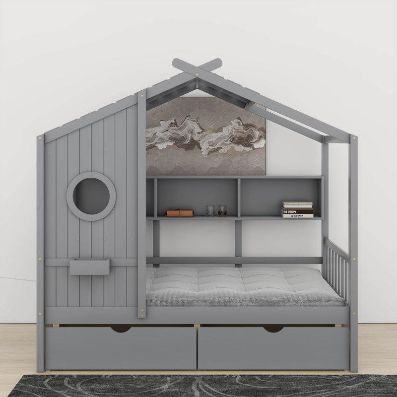 Lit en bois avec tiroirs, Gris, Double