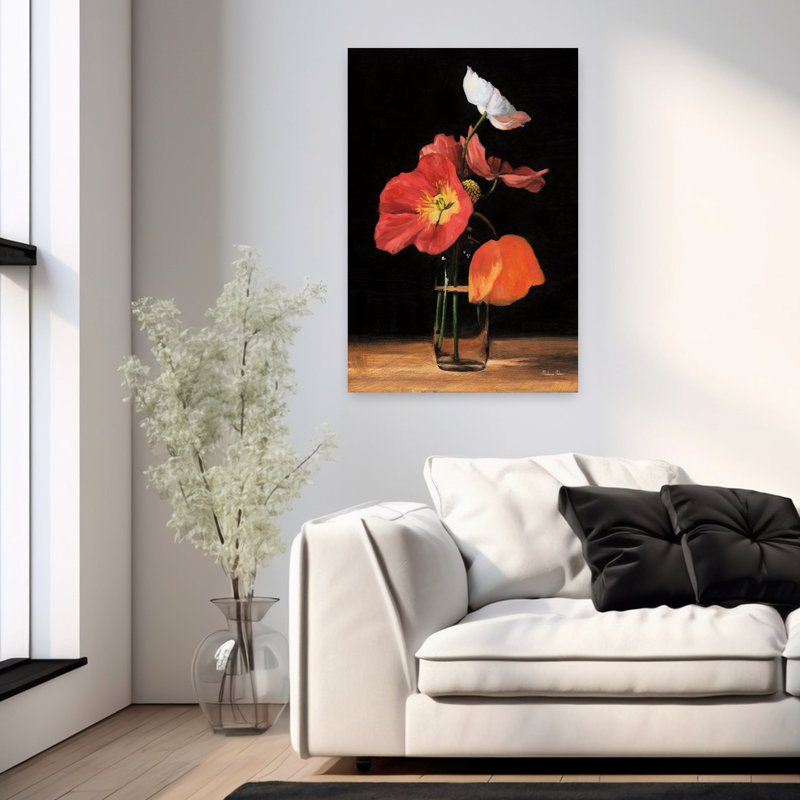 Art contemporain coquelicot, H 36 po x l 24 po