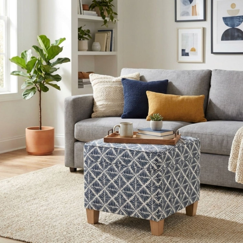 Repose-pieds carré avec rangement 17,5 "Asha, Bleu géométrique
