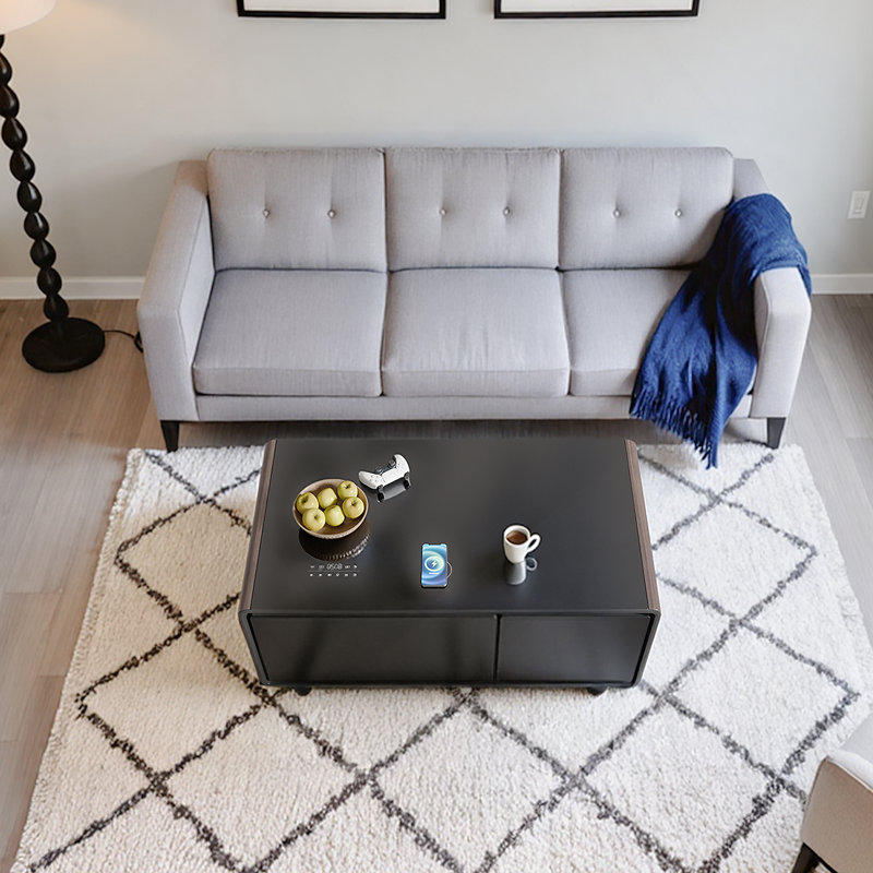 Coffee Table With Built-In Fridge And Freezer Drawers, Bluetooth Speaker, Wireless Charging, Touch Control Panel, USB Interface, Outlet Protection, Atmosphere Light