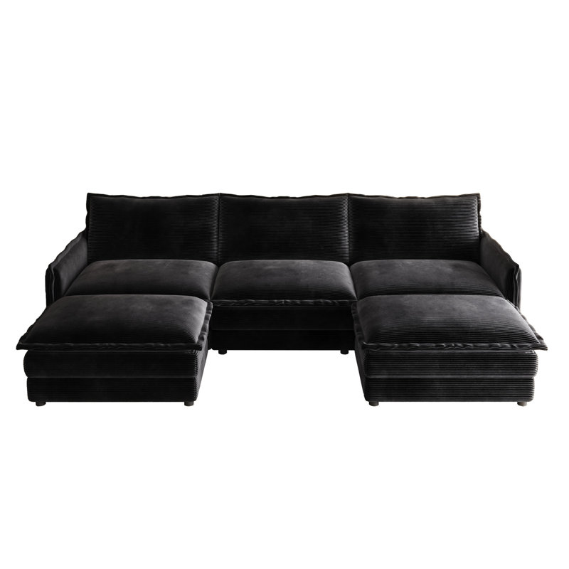 Velours côtelé rembourré, 3 avec 2 repose-pieds, construction pour le salon haut, tissu fasciné, H 33 po x l 109 po x P 58 po