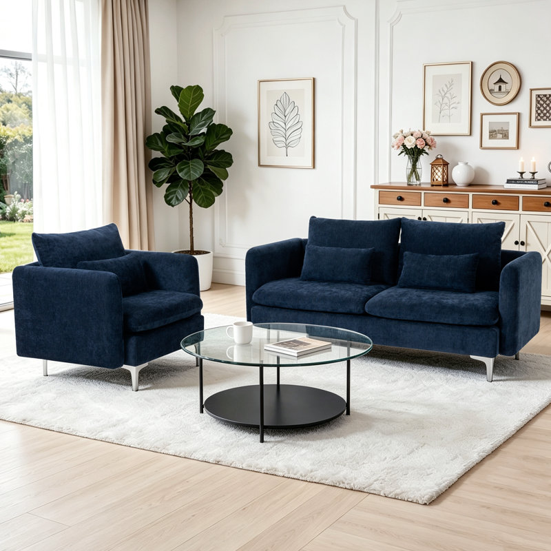 Canapé modulaire contemporain avec coussins, 34.6" W, Navy Blue Chenille