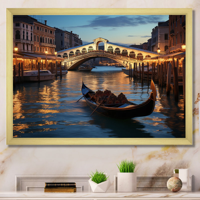 Italie, pont du Rialto Ponte II - Italie, art mural, H 24 po x l 32 po x P 1 po, Cadre doré simple