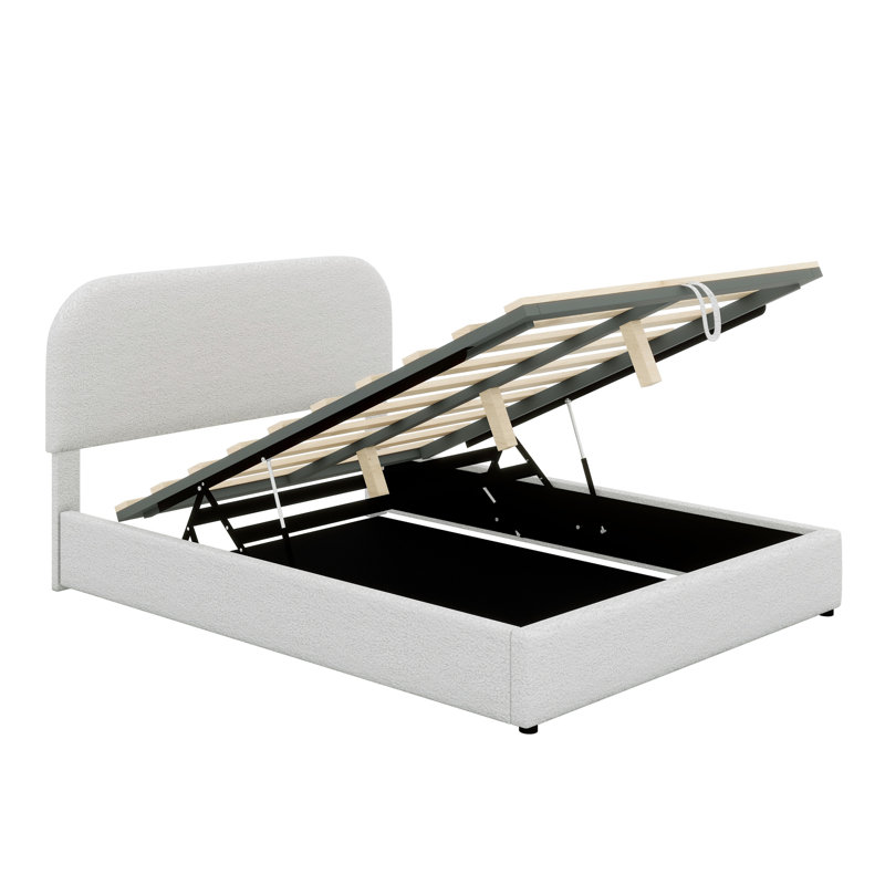 Lit plateforme tapissier avec système de rangement hydraulique, Blanc, Double