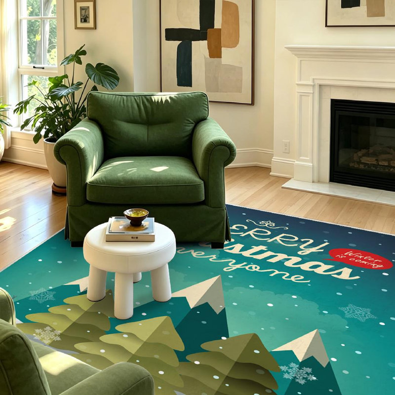Tapis d'intérieur vert lavable à la machine, motif scène de nuit de Noël enneigée, Rectangle 55 po x 79 po