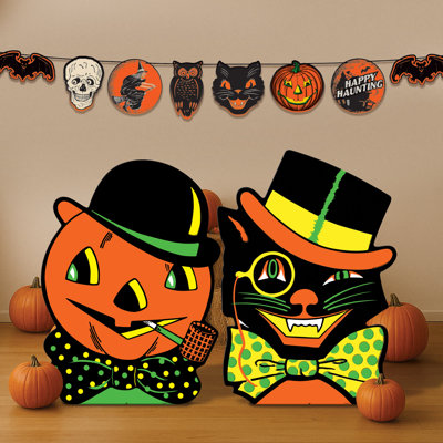 Beistle Vintage Halloween Cat & Jack-O'-Lantern Stand-Ups – Retro Halloween Cardboard Décor with Black Cat & Pumpkin Characters for Mantels, Entryways, Party Displays & Seasonal Decorating, Pack of 2