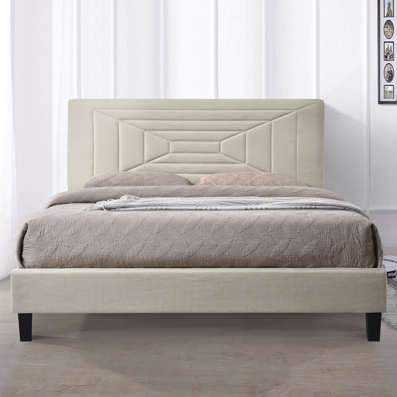 Lit plateforme tapissier touffeté, Beige, Grand