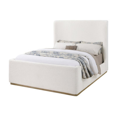 Frihart Cream Upholstered Wingback Platform Sleigh Bed