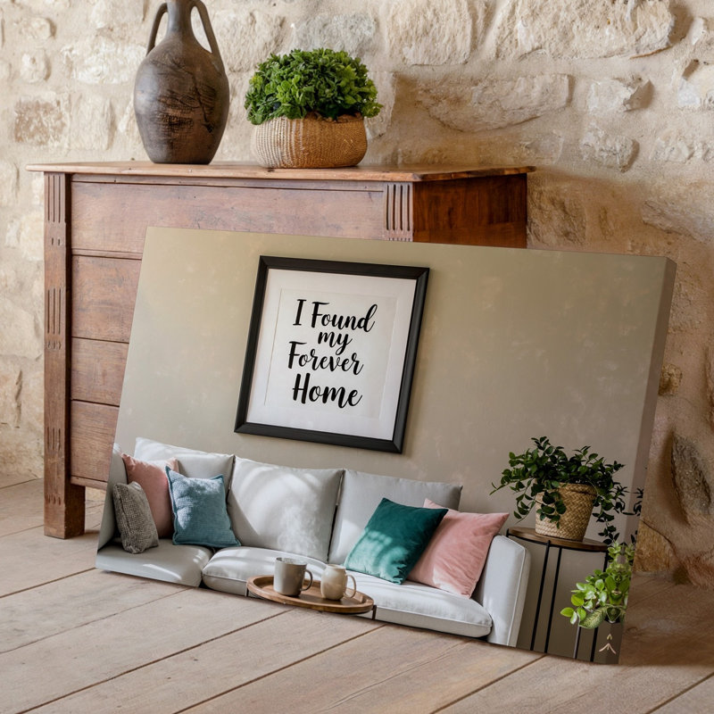Reproduction d'art sur toile, "Living a Cozy and Inviting Living Room" Doté d'un art mural encadré avec la phrase I Found My Forever Home