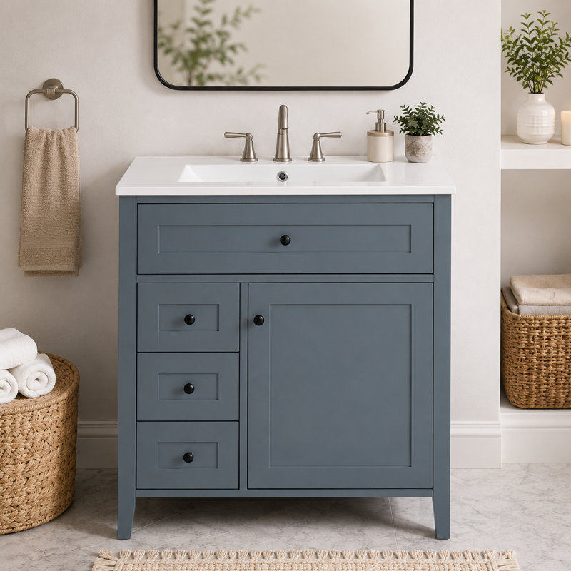 Meuble-lavabo sur pied bleu-gris de 30 po, armoire en composite de bois massif avec lavabo, trois tiroirs et tablettes réglables pour le rangement.
