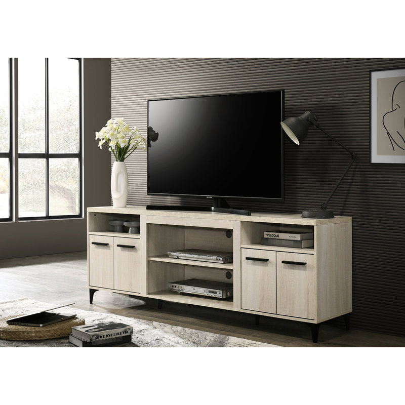 Oak Finish Media Storage, 70"W 4-Door With Open Shelves, Adjustable Center Shelf, Black Legs, Cable Management, Tip-Over Restraint Device Tv Stand Veneer,
