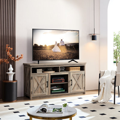 Meuble télé gris avec flair, compatible 65 po, rangement et rangement pour câbles, design, rangement polyvalent, aide à la gestion