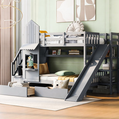 Lit superposé de style bleu avec rangement supplémentaire. Pin et. Glissoire pour le divertissement. Pour une capacité de poids de plus de 6 lb. Pas de sommier tapissier. Matelas non inclus. Tablettes de tiroir -