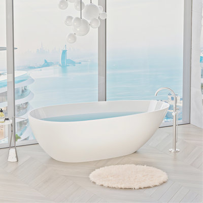 Baignoire autoportante de 59 po à surface solide, baignoire autoportante en résine de pierre de luxe fabriquée à la main avec trop-plein et bonde escamotable, blanc brillant