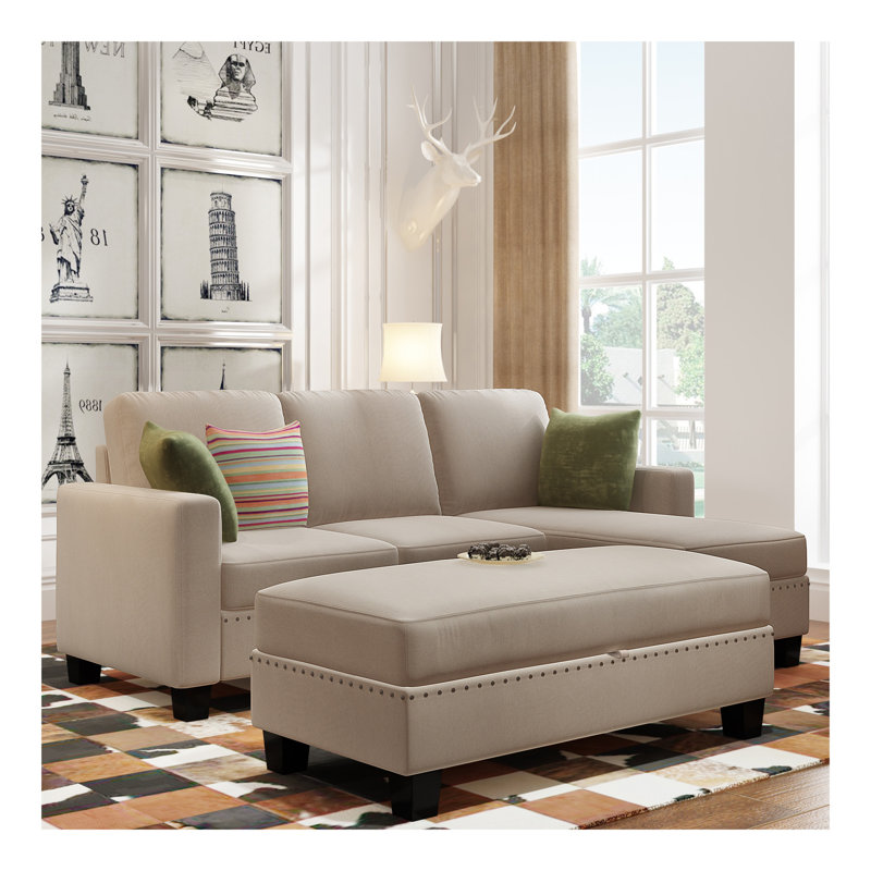 Canapé modulaire réversible en forme de L 81,1 * 76,3 * 35 po avec repose-pieds avec rangement, canapé modulaire avec méridienne, ensemble de canapés en tissu texturé à têtes cloutées 3 pièces, gris chaud