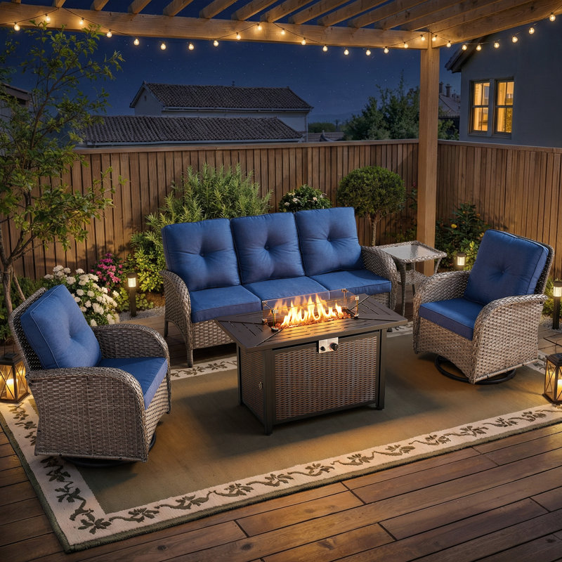 Ensemble de canapé d'extérieur 5 pièces en osier avec chaises pivotantes et table foyer, Bleu