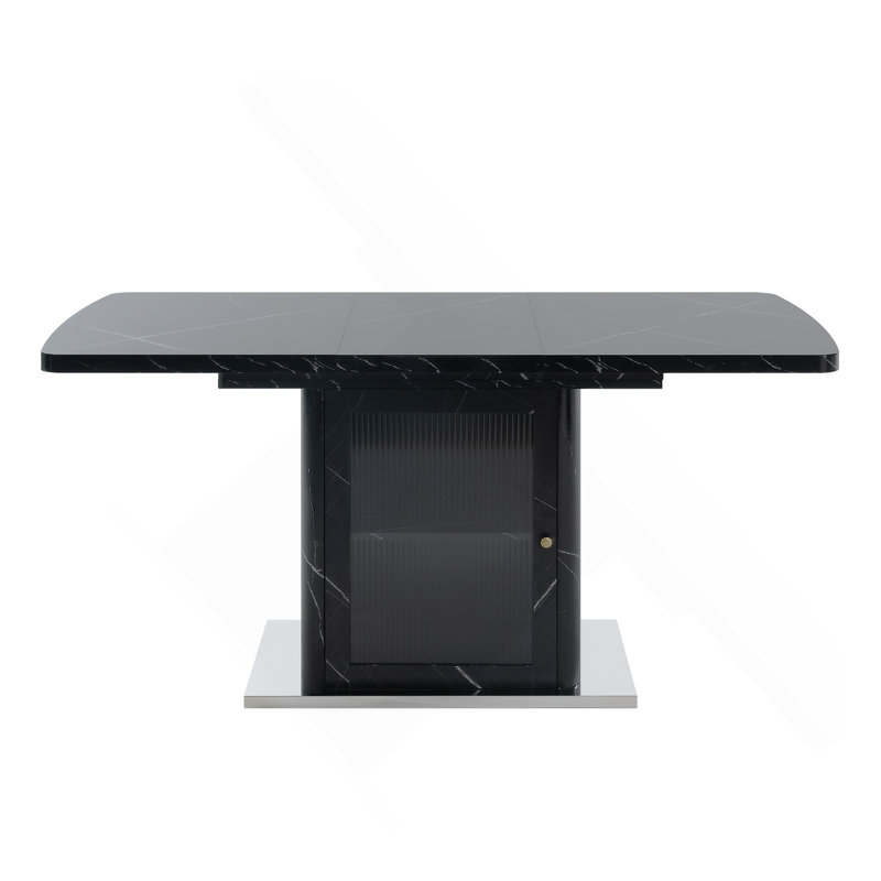 Table de salle à manger rectangulaire moderne de 47,24 à 63 po, extensible, avec plateau en marbre noir imprimé et pieds de table de rangement avec base en métal