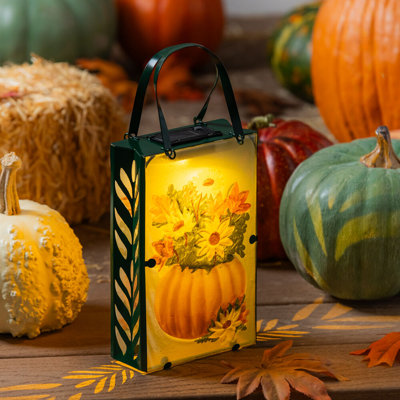 Hand Painted Solar Glass Lantern, Pumpkin and Sunflower